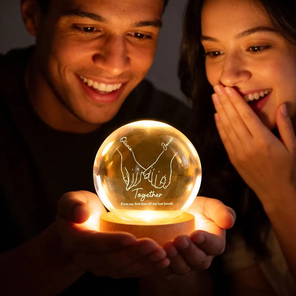 Couple Interlocked Hands - Personalized Crystal Ball LED Night Light - Sentimental Gift for Her, for Him, Couple Keepsake