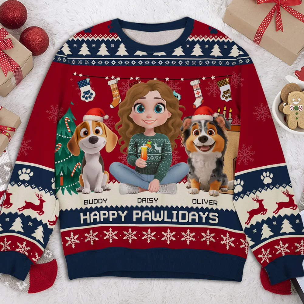Snowy Pawlidays Cartoon - Personalized Custom All-Over-Print Sweatshirt