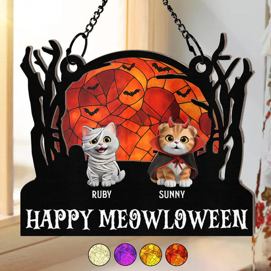 Happy Meowloween Halloween Pets - Personalized Window Hanging Suncatcher Ornament