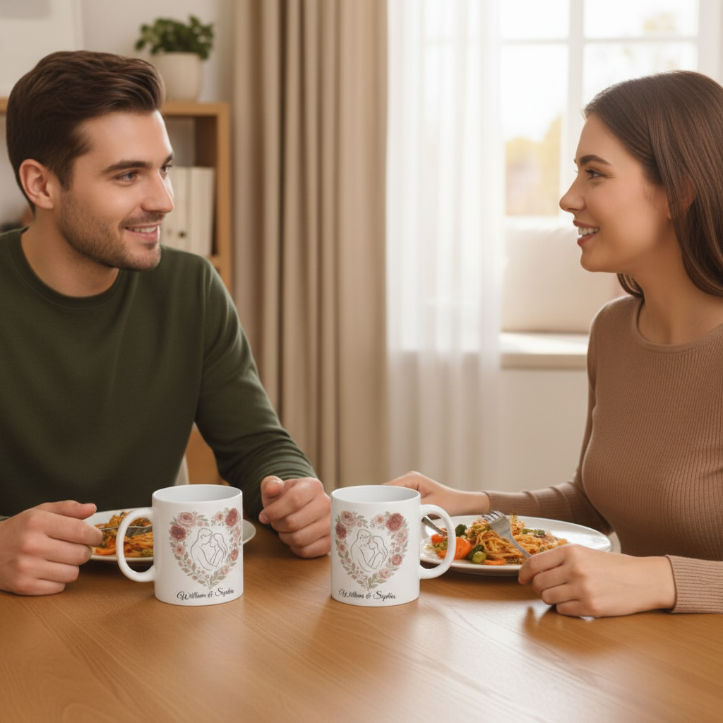 Personalized Floral Heart Couple Mug with Custom Name – Romantic Gift for Her on Valentine’s Day, Anniversary or Wedding