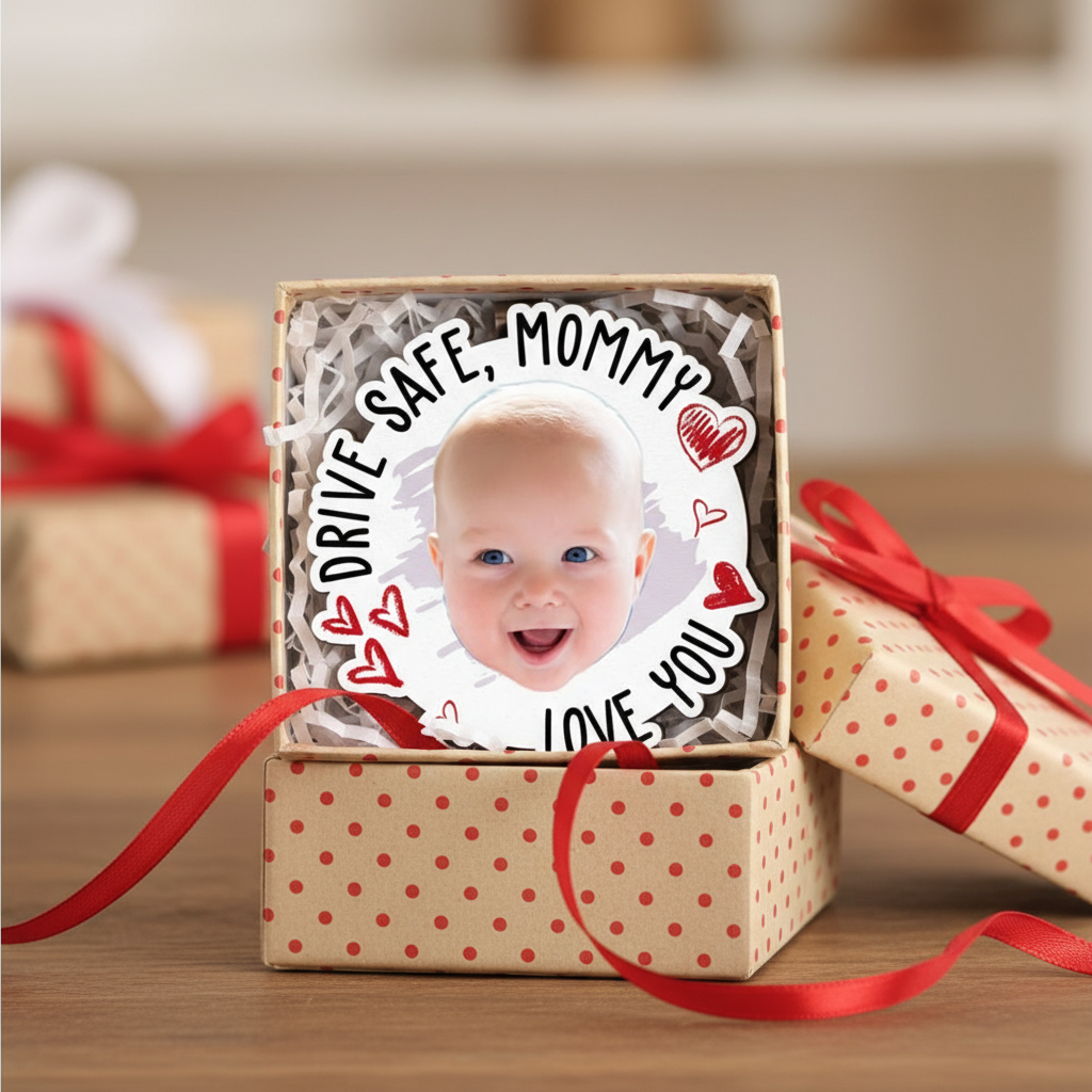 Drive Safe, Daddy Fun Kid Faces Gift for Dad, Mom, Grandparents - Personalized Wooden Photo Car Visor Clip