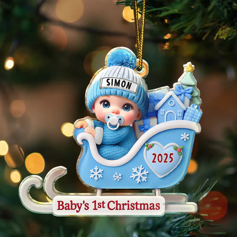 Baby Santa In Sleigh First Christmas - Personalized Custom Shaped Acrylic Ornament