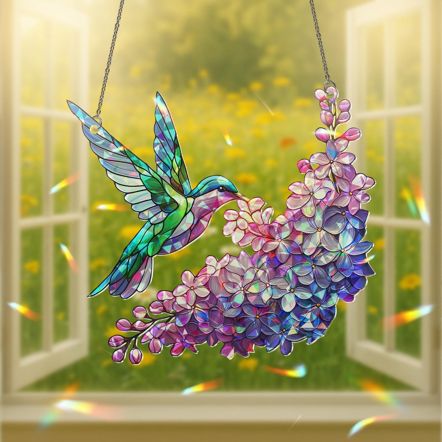 Holographic Hummingbird Suncatcher: Lilac Window Decor Rainbow Maker