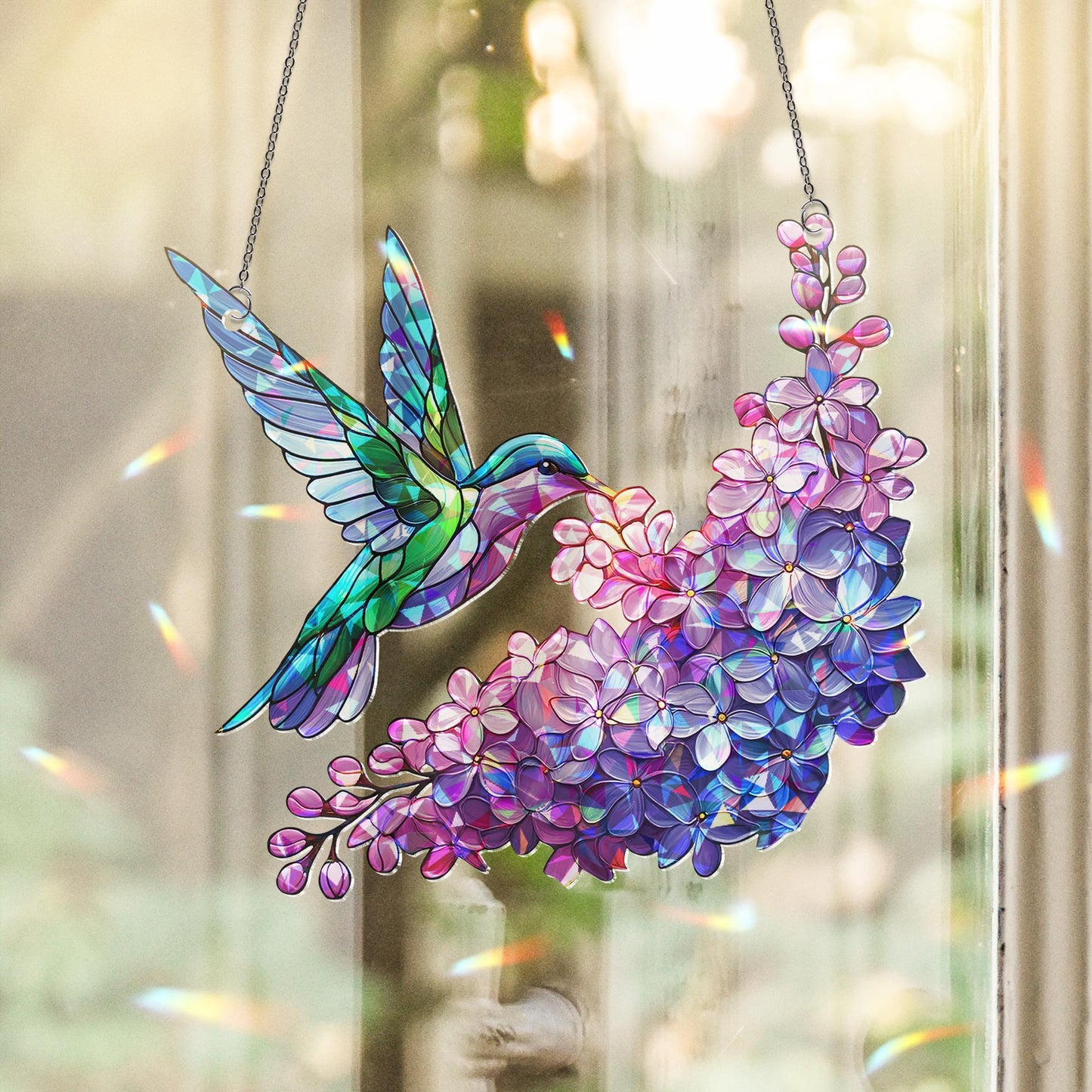 Holographic Hummingbird Suncatcher: Lilac Window Decor Rainbow Maker