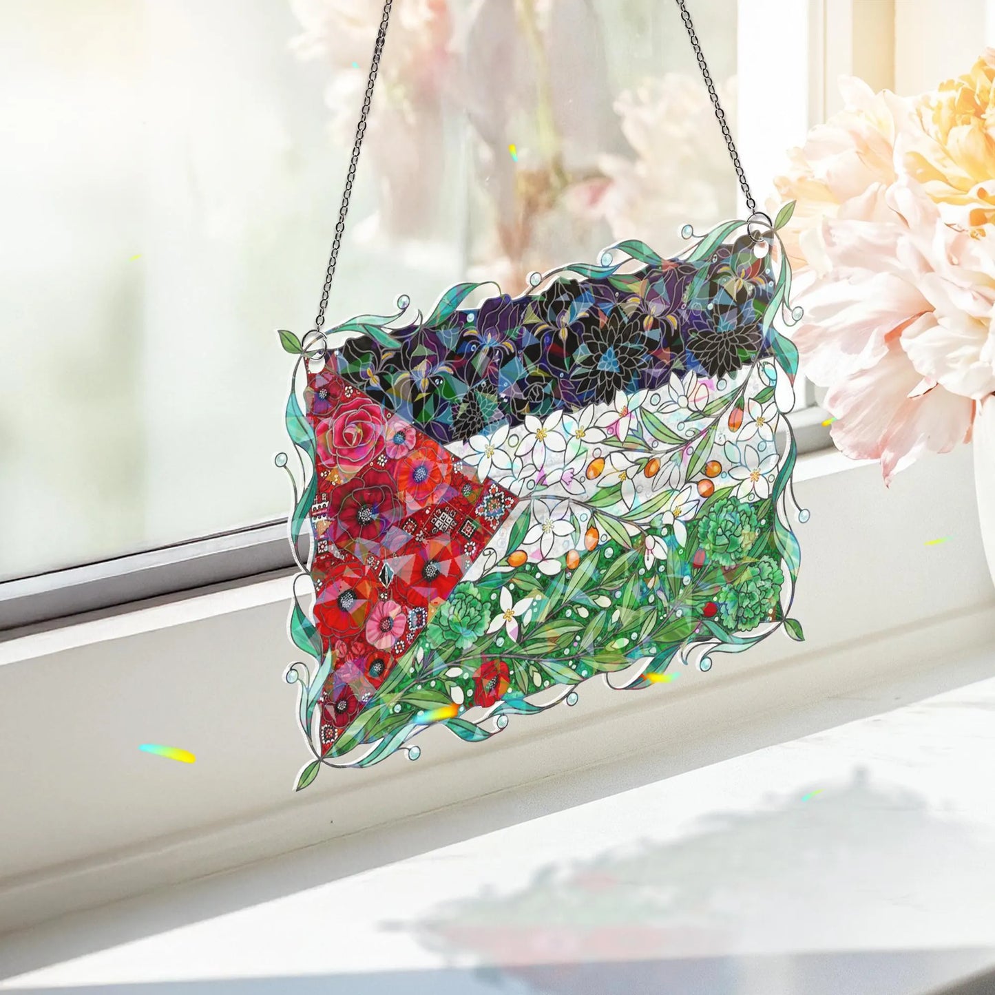Floral Palestinian Flag Holographic Acrylic Suncatcher: Palestinian Window hanging