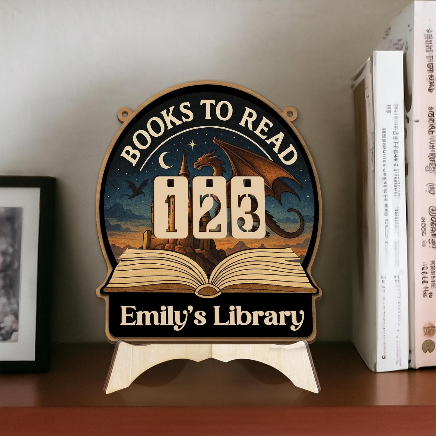 Books To Read Wooden Tracker – Fantasy Castle and Dragon Library Sign, Personalized Book Counter, Unique Gift for Book Lovers, Bookish Gift