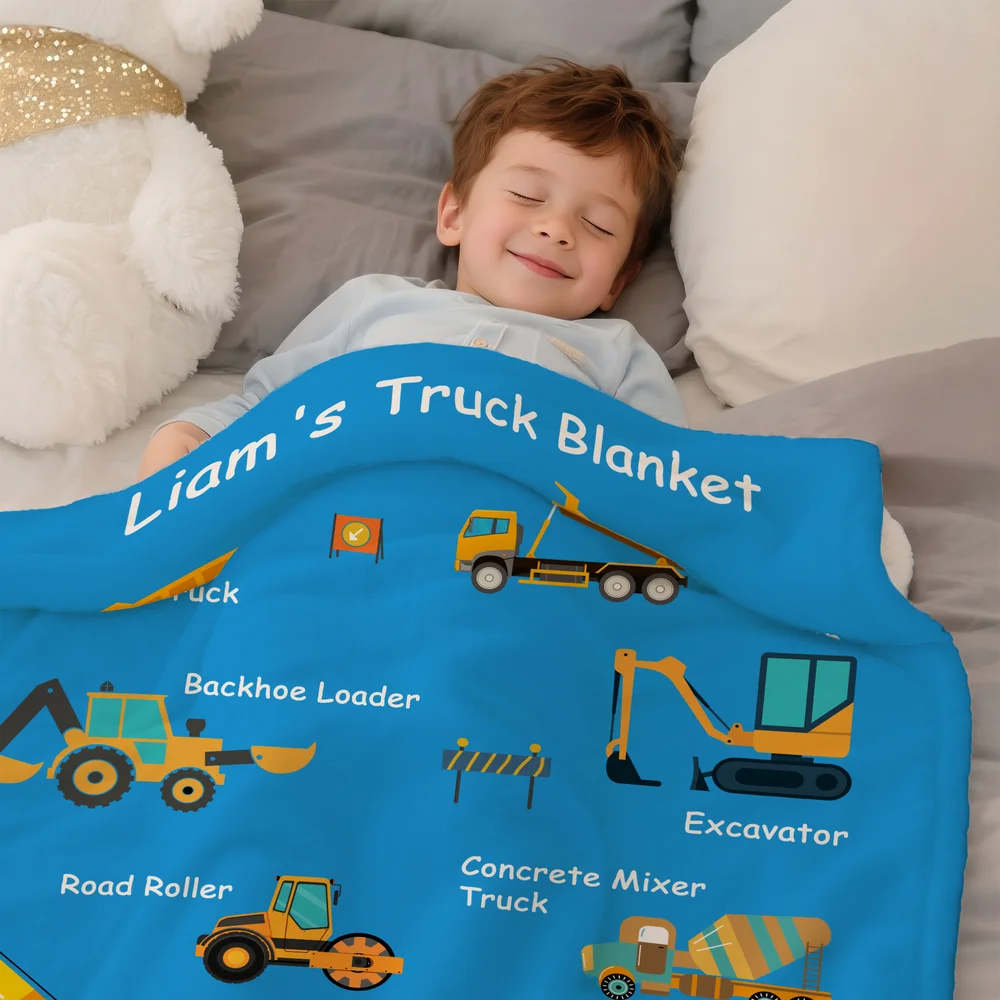Personalised Cartoon Construction Lorrys Soft Throw Blanket with Text Home Decor Birthday Gift for Boys Lorry Lovers- Personalized Fleece Blanket, Sherpa Blanket