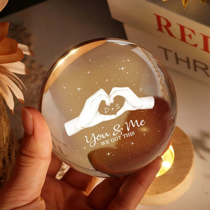 Hearts Hands Couple Initials - Personalized Crystal Ball LED Night Light - Valentine's Day Gift For Couple