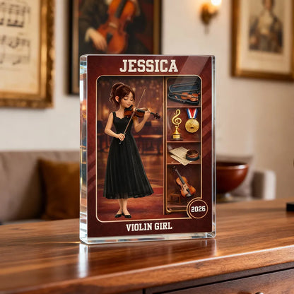 Violin Girl Action Figure - Personalized Acrylic Block Plaque - Gift For Violinist