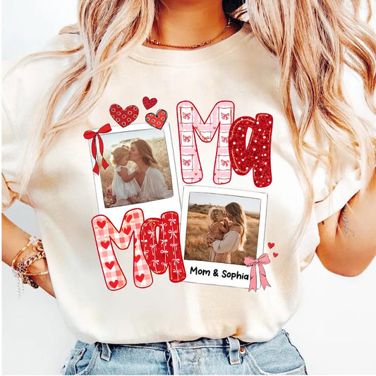 Preppy Mama Valentine Glitter Effect Photo - Personalized Classic Tee - Heartfelt Gift for Mom