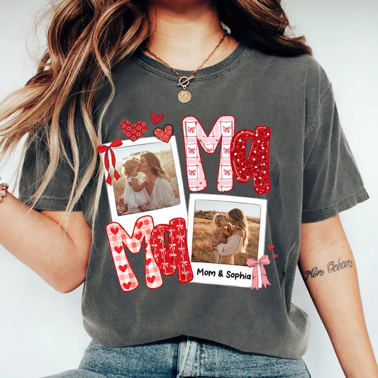 Preppy Mama Valentine Glitter Effect Photo - Personalized Women Tee - Heartfelt Gift for Mom
