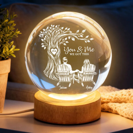 Eternal Love Couple Under Heart Carved Tree - Personalized Crystal Ball LED Night Light - Valentine's Day Gift For Couple