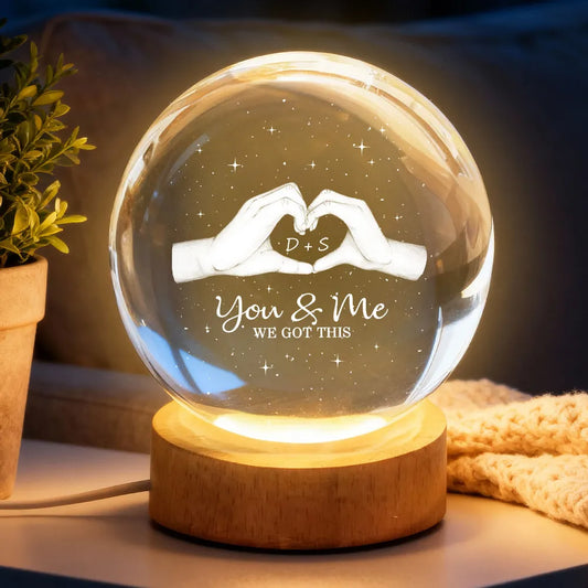 Hearts Hands Couple Initials - Personalized Crystal Ball LED Night Light - Valentine's Day Gift For Couple