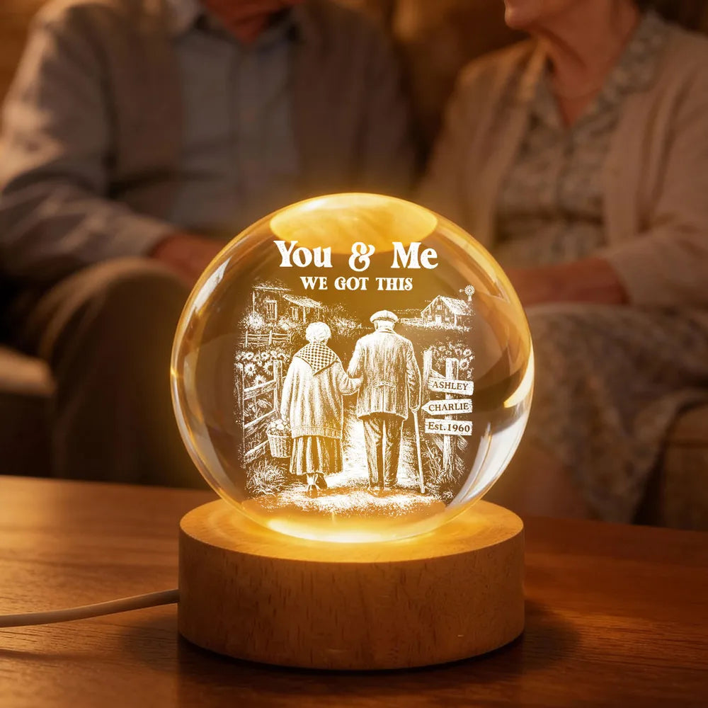 Old Couple Walking Growing Old Together - Personalized Crystal Ball LED Night Light, Heartfelt Valentine's Day Gift For Couple, For Him, For Her