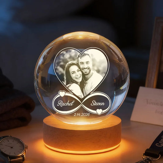 Eternal Love Custom Couple Photo Inside Infinity Heart - Personalized Crystal Ball LED Night Light - Valentine's Day Gift For Couple, For Her, For Him