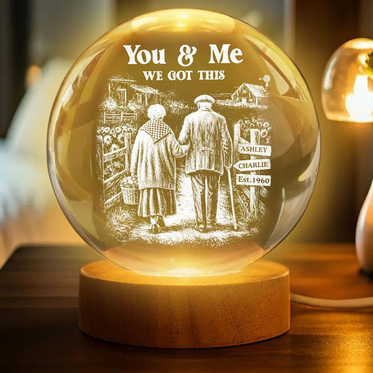 Old Couple Walking Growing Old Together - Personalized Crystal Ball LED Night Light, Heartfelt Valentine's Day Gift For Couple, For Him, For Her