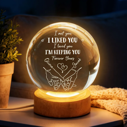Couple Interlocked Hands I Met You I Loved You - Personalized Crystal Ball LED Night Light - Sentimental Gift for Her, for Him, Couple Keepsake