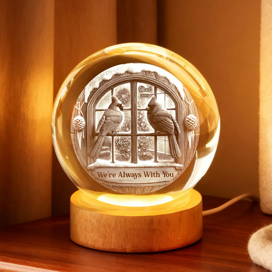 Memorial Cardinal Outside Window - Personalized Crystal Ball LED Night Light - Memorial Sympathy Gift