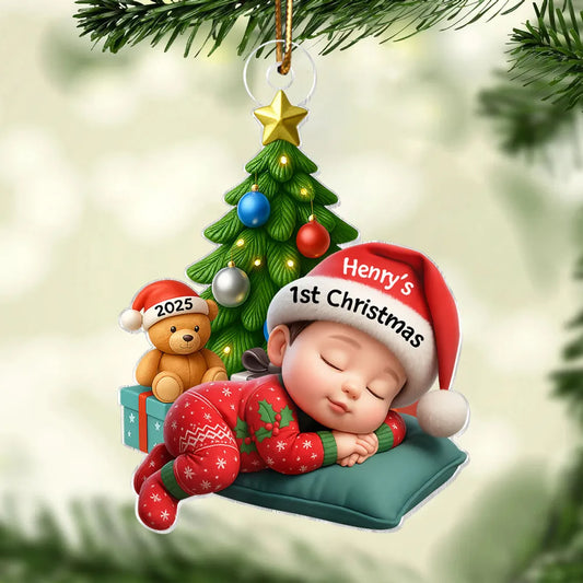 Sleeping Baby in Christmas Pajama Personalized Acrylic Ornament, Baby's 1st Christmas