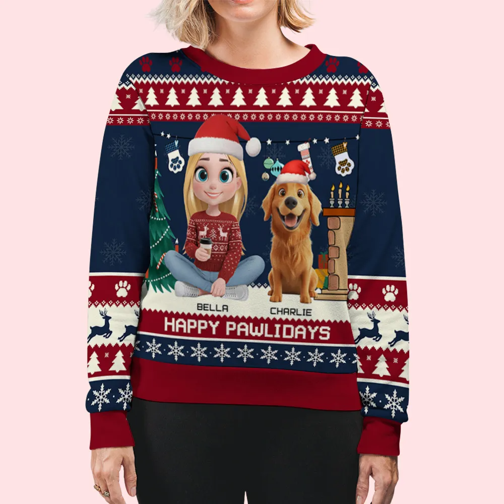 Snowy Pawlidays Cartoon - Personalized Custom All-Over-Print Sweatshirt