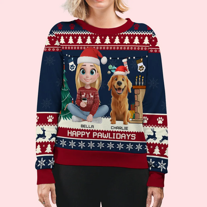 Snowy Pawlidays Cartoon - Personalized Custom All-Over-Print Sweatshirt