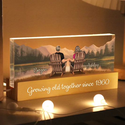 Retro Vintage Back View Couple Sitting Mountain Landscape Personalized Acrylic Block LED Night Light - Heartfelt Gift For Couple