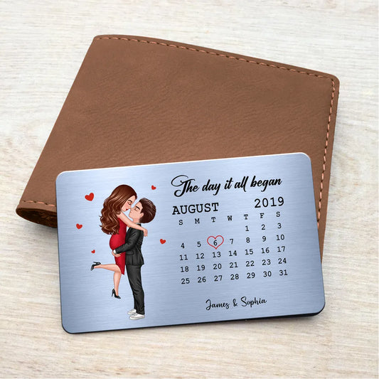 The Day It All Began Hugging Kissing Couple Anniversary Date Personalized Wallet Insert Metal Wallet Card