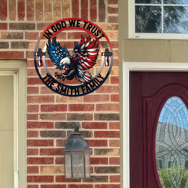 Personalized Name In God We Trust Patriotic Eagle Metal Sign