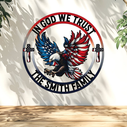 Personalized Name In God We Trust Patriotic Eagle Metal Sign