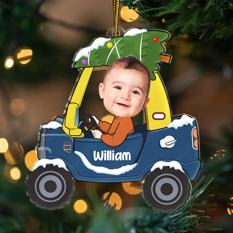 Custom Photo Christmas Baby Kid In Car - Personalized Custom Shaped Acrylic Ornament