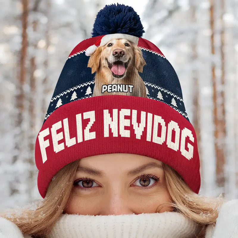 Custom Photo Feliz Navidog - Personalized Bobble Beanie Hat