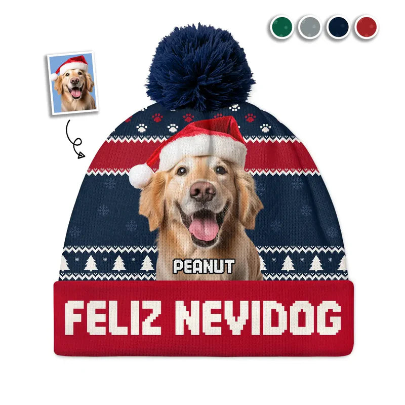 Custom Photo Feliz Navidog - Personalized Bobble Beanie Hat