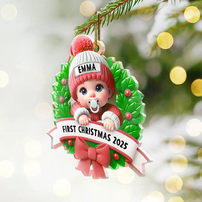 Baby In Christmas Wreath First Christmas - Personalized Custom Shaped Acrylic Ornament