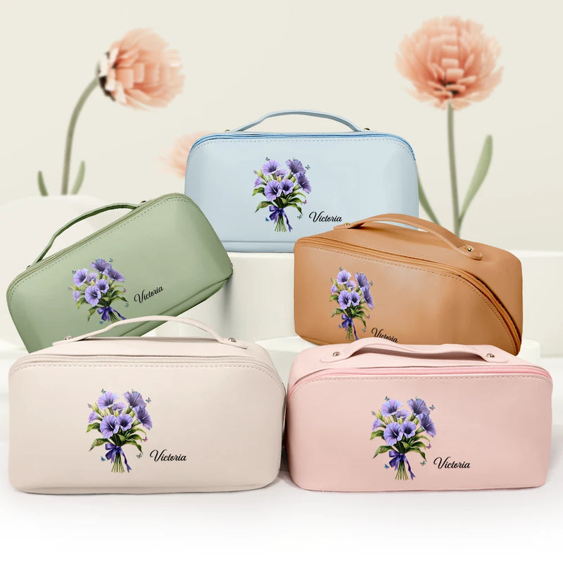Birth Flower Bouquet - Personalized Leather Makeup Bag