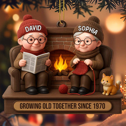 Growing Old Together Since, Elderly Couple And Dog By Fireplace, Gift for Grandparents and Couples