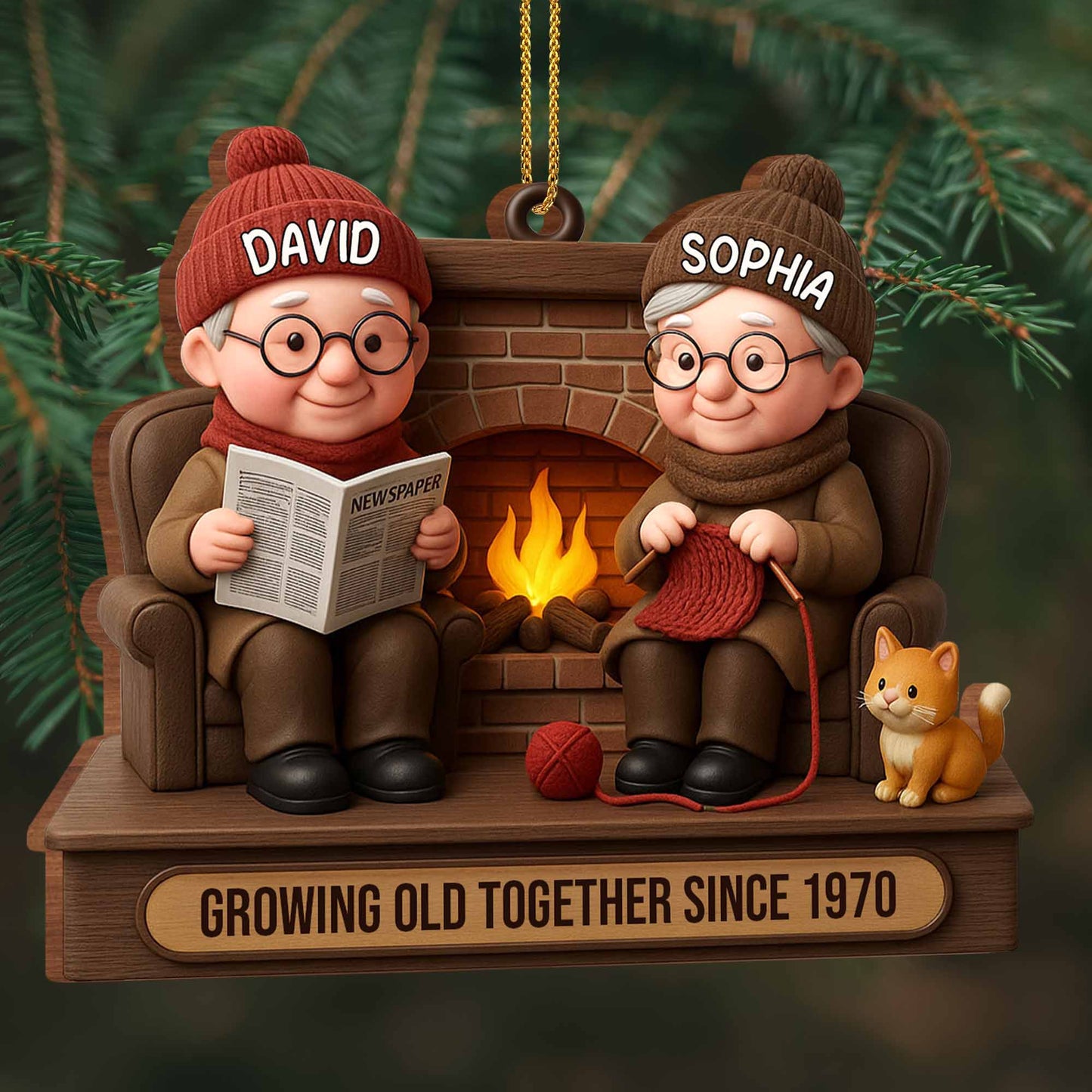 Growing Old Together Since, Elderly Couple And Dog By Fireplace, Gift for Grandparents and Couples