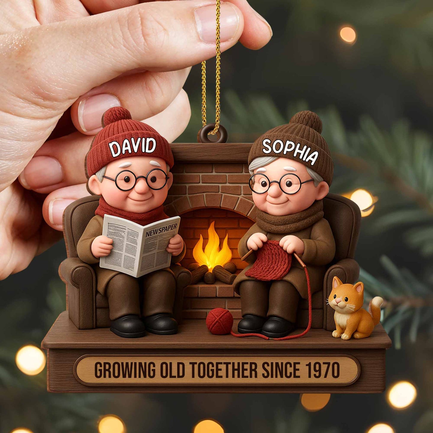Growing Old Together Since, Elderly Couple And Dog By Fireplace, Gift for Grandparents and Couples