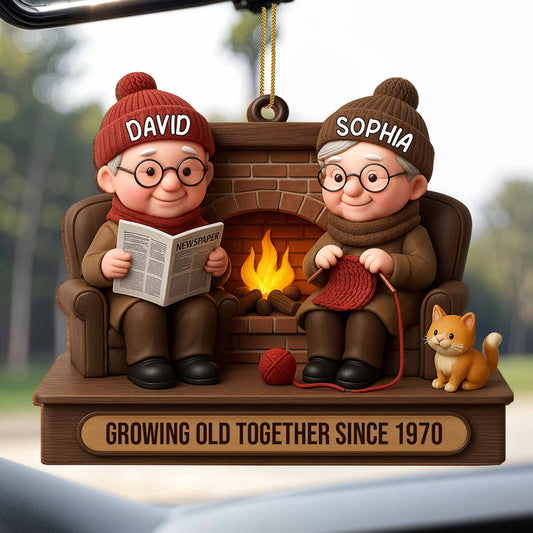 Growing Old Together Since, Elderly Couple And Dog By Fireplace, Gift for Grandparents and Couples