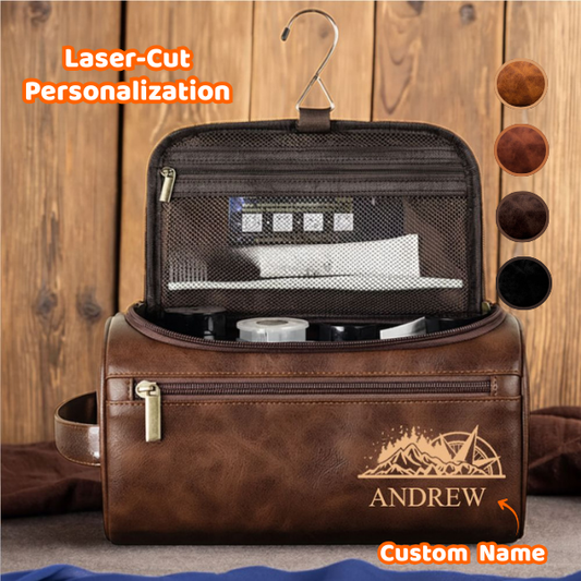 Custom Leather Toiletry Bag for Adventurers – Personalized Name & Mountain Design