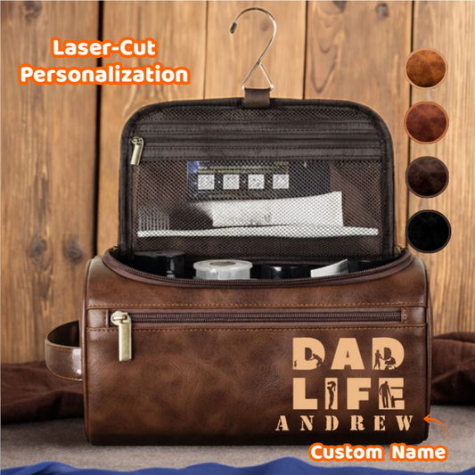 Engraved Leather Toiletry Bag for Dad – Custom Name “Dad Life” Edition