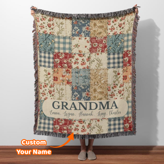 Custom Name Retro Patchwork Woven Blanket – Personalized Gift for Mom, Grandma