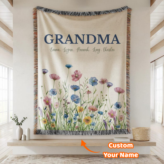 Soft Floral Custom Name Woven Blanket – Unique Gift for Mom or Grandma