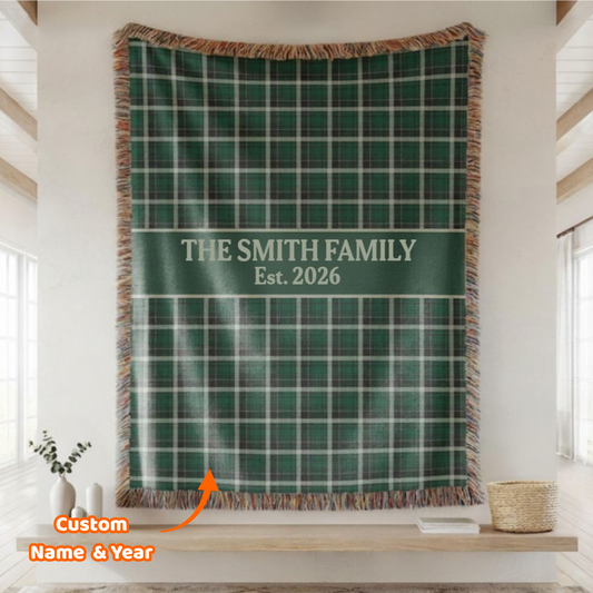 Green Plaid Custom Name & Year Blanket for Couple/Family – Personalized Wedding & Anniversary Gift