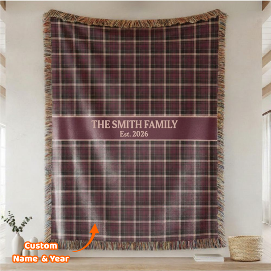 Burgundy Plaid Custom Name & Year Blanket for Couple/Family – Personalized Wedding & Anniversary Gift
