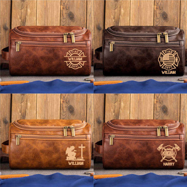 Personalized Firefighter Leather Dopp Kit – Custom Name Toiletry Bag for Firemen