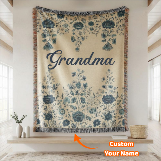 Custom Name Vintage Floral Woven Blanket – Personalized Gift for Mom, Grandma
