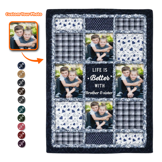 Custom Photo “Sisters & Brothers Will Always Be Connected By Heart” – Personalized Fleece & Sherpa Blanket