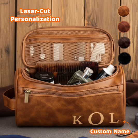 Luxury Leather Toiletry Bag with Laser Engraved Initial - Premium Personalized Gift For Dad, Husband