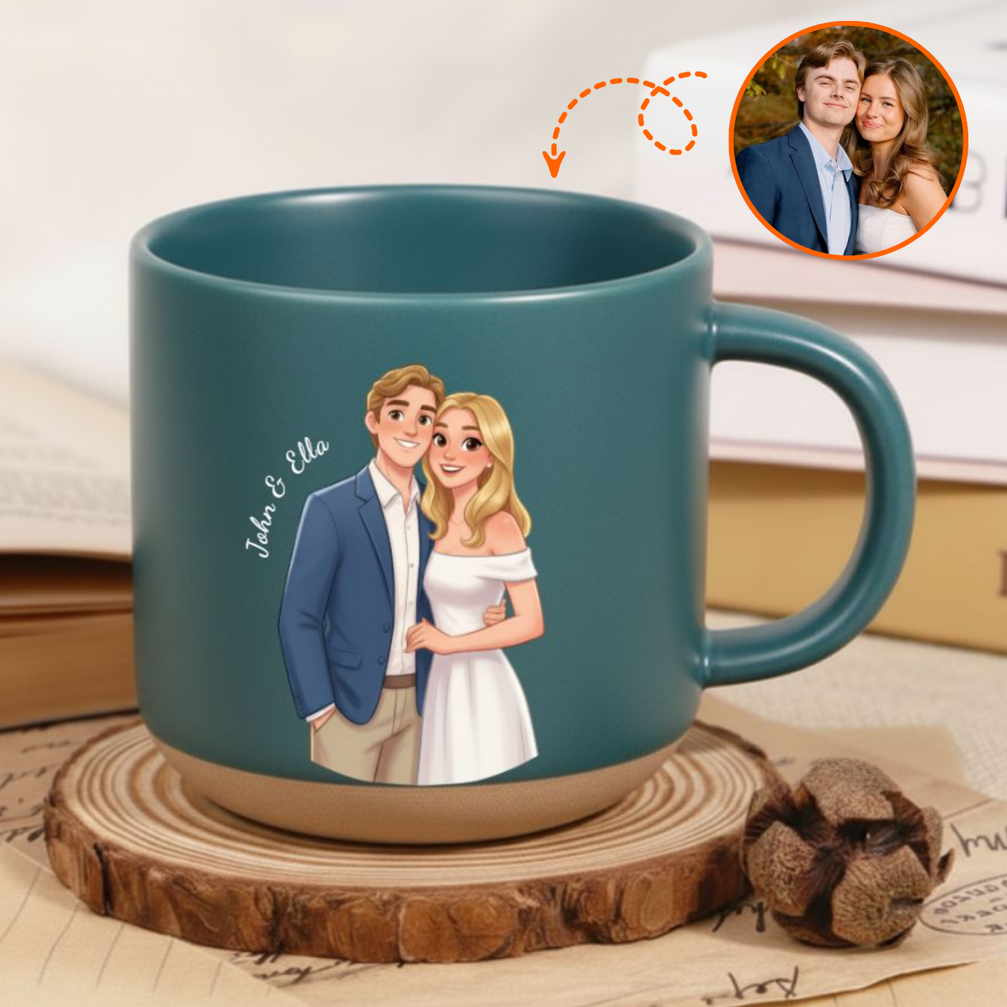 Personalized Cartoon Portrait Pottery Mug – Custom Photo Gift for Couples & Family