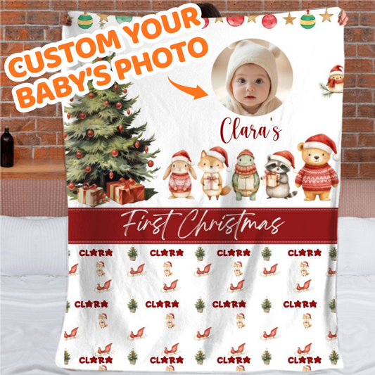 Personalized Baby’s First Christmas Blanket - Woodland Animals Style - Soft Fabrics Material